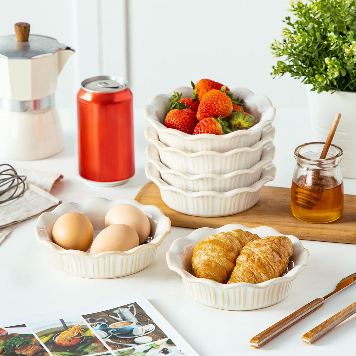 vancasso Mini Pie Pans Set of 6, 5.2 Inch Ceramic Deep Dish Pie Plates with Ruffled Edge for Baking, Microwave & Oven Safe, White vancasso