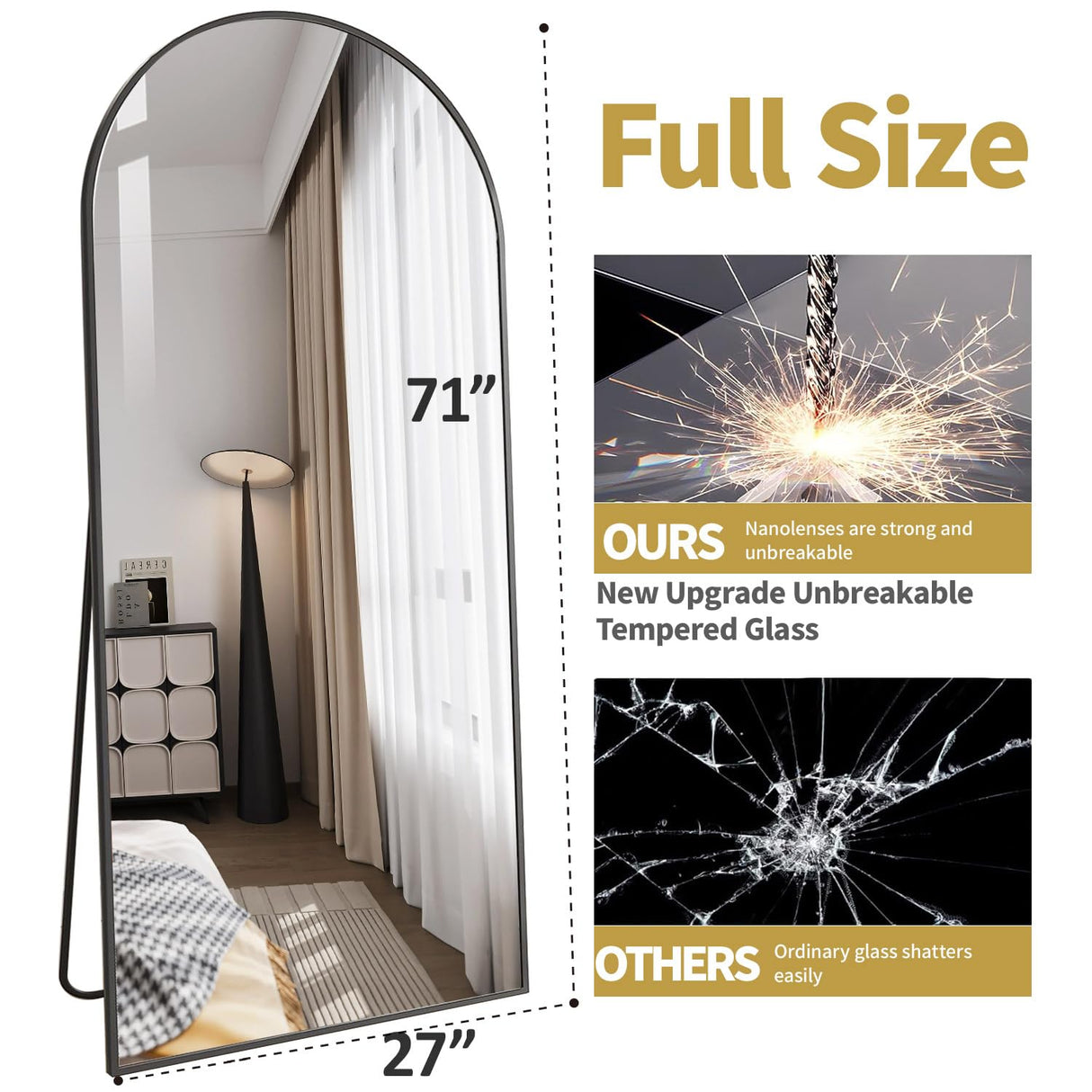 DMWOODFL 71"x26" Arched Full-Length Mirror with Explosion-Proof HD Glass – Oversized Floor or Wall-Mounted Full Body Mirror for Bedroom, Living Room, and Cloakroom (Black) DMWOODFL