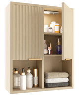 HAIOOU Fluted Bathroom Wall Cabinet with Motion Sensor Light, Curved Profile Wooden Medicine Cabinet Wall Mounted Cupboard, Wave Like Over Toilet Storage Cabinet with Buffering Hinges - Natural HAIOOU