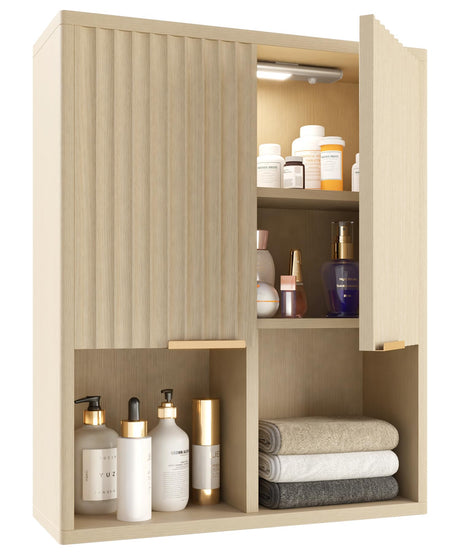 HAIOOU Fluted Bathroom Wall Cabinet with Motion Sensor Light, Curved Profile Wooden Medicine Cabinet Wall Mounted Cupboard, Wave Like Over Toilet Storage Cabinet with Buffering Hinges - Natural HAIOOU