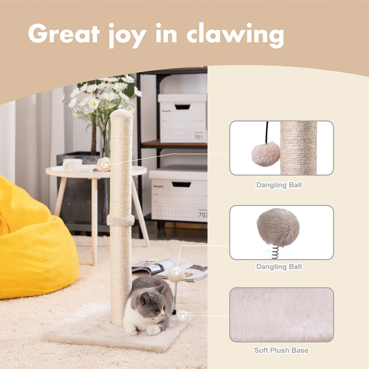 MECOOL 34” Tall Cat Scratching Post Premium Basics Kitten Scratcher Sisal Scratch Posts Trees with Hanging Ball for Indoor Cats, Beige MECOOL