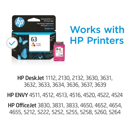 HP 63 Tri-color Ink Cartridge | Works with HP DeskJet 1112, 2130, 3630 Series; HP ENVY 4510, 4520 Series; HP OfficeJet 3830, 4650, 5200 Series | Eligible for Instant Ink | F6U61AN