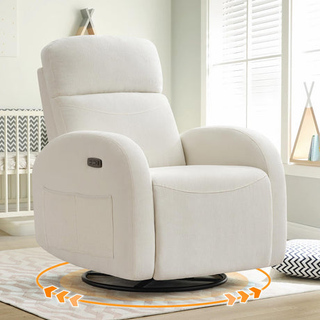 Power Nursery Glider Recliner, Chenille Electric Rocker Recliner with Type-C & USB Port, Nursery Swivel Rocker Recliners with Double Pockets for Adult, Cream White AEMEIOS