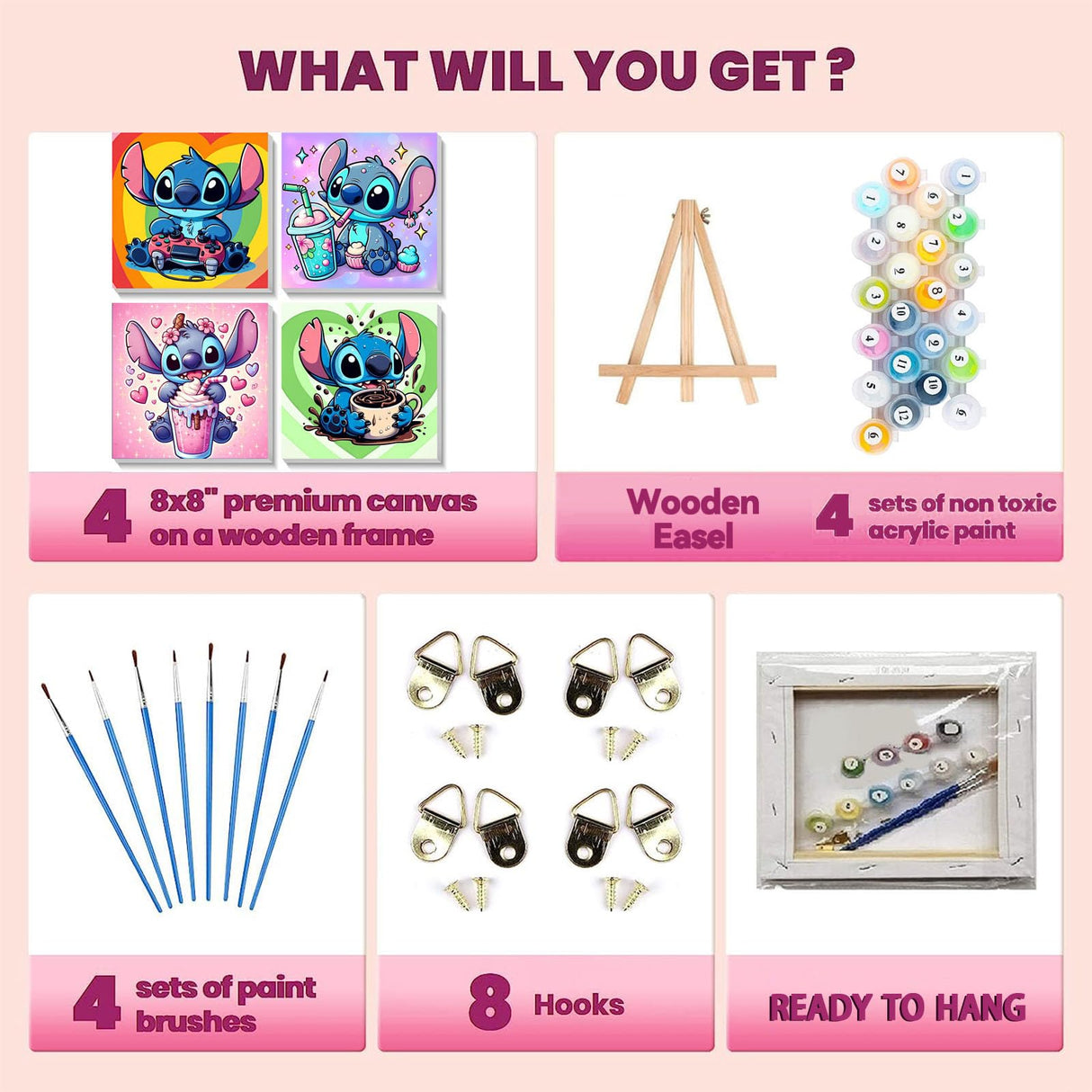 KOJEFCV 4 Pack Cartoon Paint by Numbers for Kids with Framed Canvas-with Wooden Easel, Paint by Number for Kids Ages 4-8-12, DIY Easy Acrylic Oil Painting Kits for Home Wall Decor (8X8inch) KOJEFCV