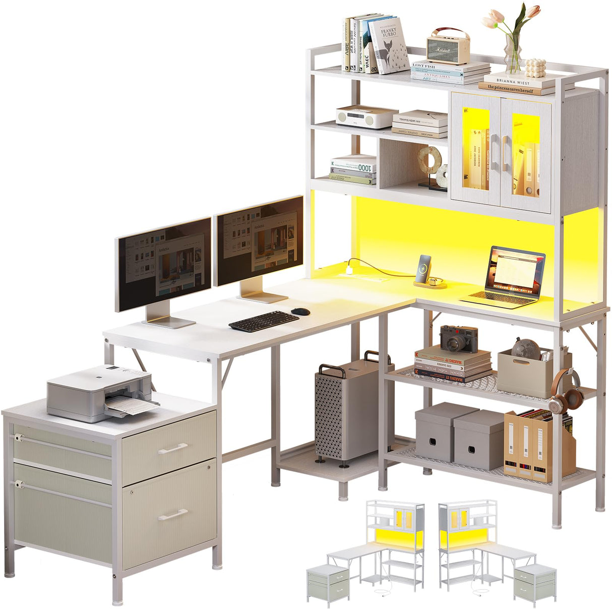 VIGKOOK L-Shaped Gaming Desk with Hutch & Power Outlet - 69.7in White Home Office Desk VIGKOOK