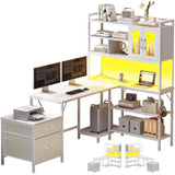 VIGKOOK L-Shaped Gaming Desk with Hutch & Power Outlet - 69.7in White Home Office Desk VIGKOOK