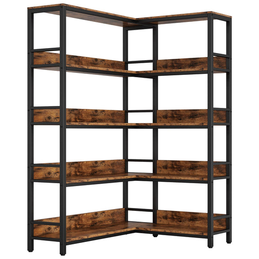 IRONCK Vintage Brown 5-Tier Industrial Corner Bookshelf with Baffles and Metal Frame for Home and Office Storage - WoodArtSupply