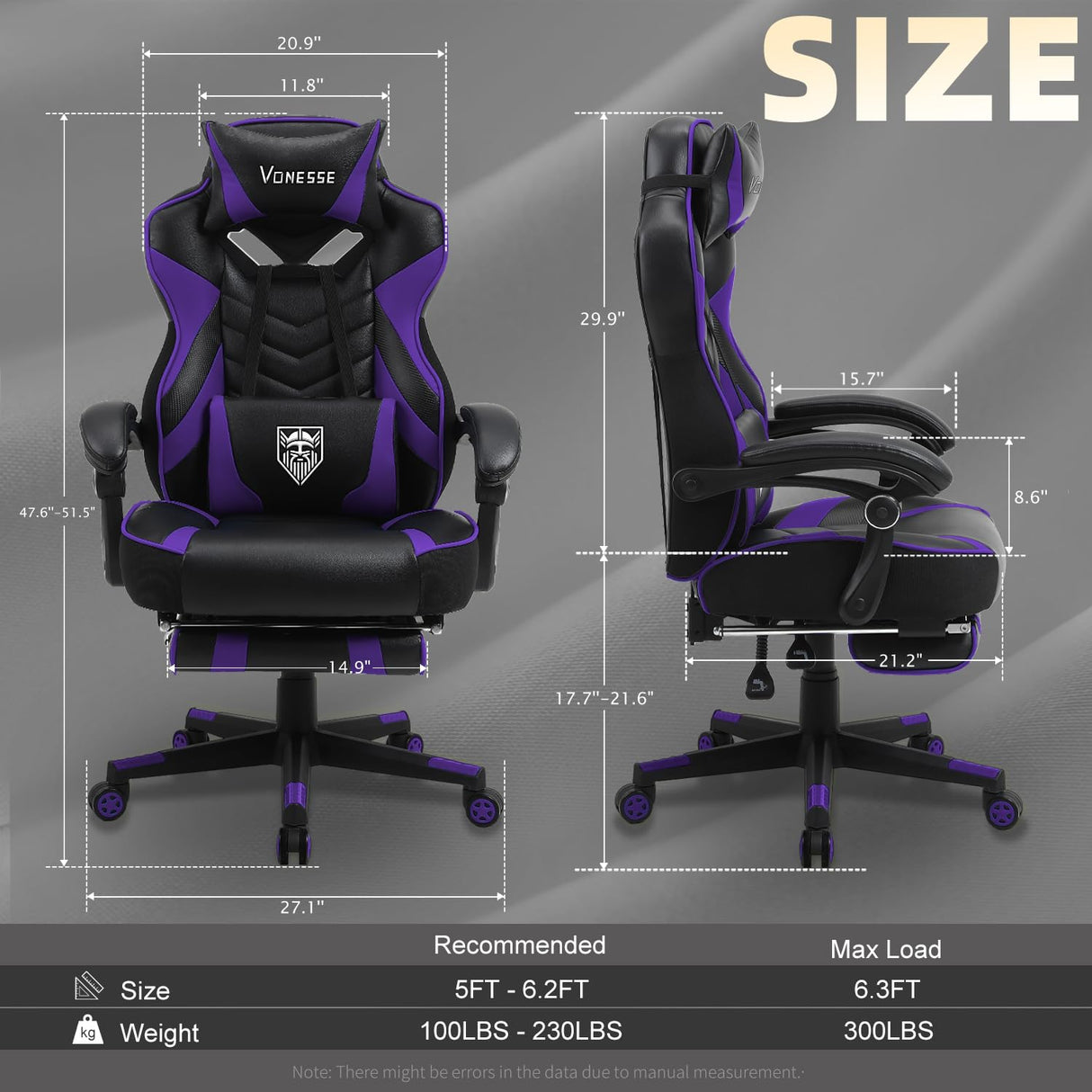 Vonesse Gaming Chair for Adults,Computer Chair with High Back,Big and Tall Gaming Chairs with Footrest and Massage,Reclining Gamer Chair(Purple/Black) Vonesse