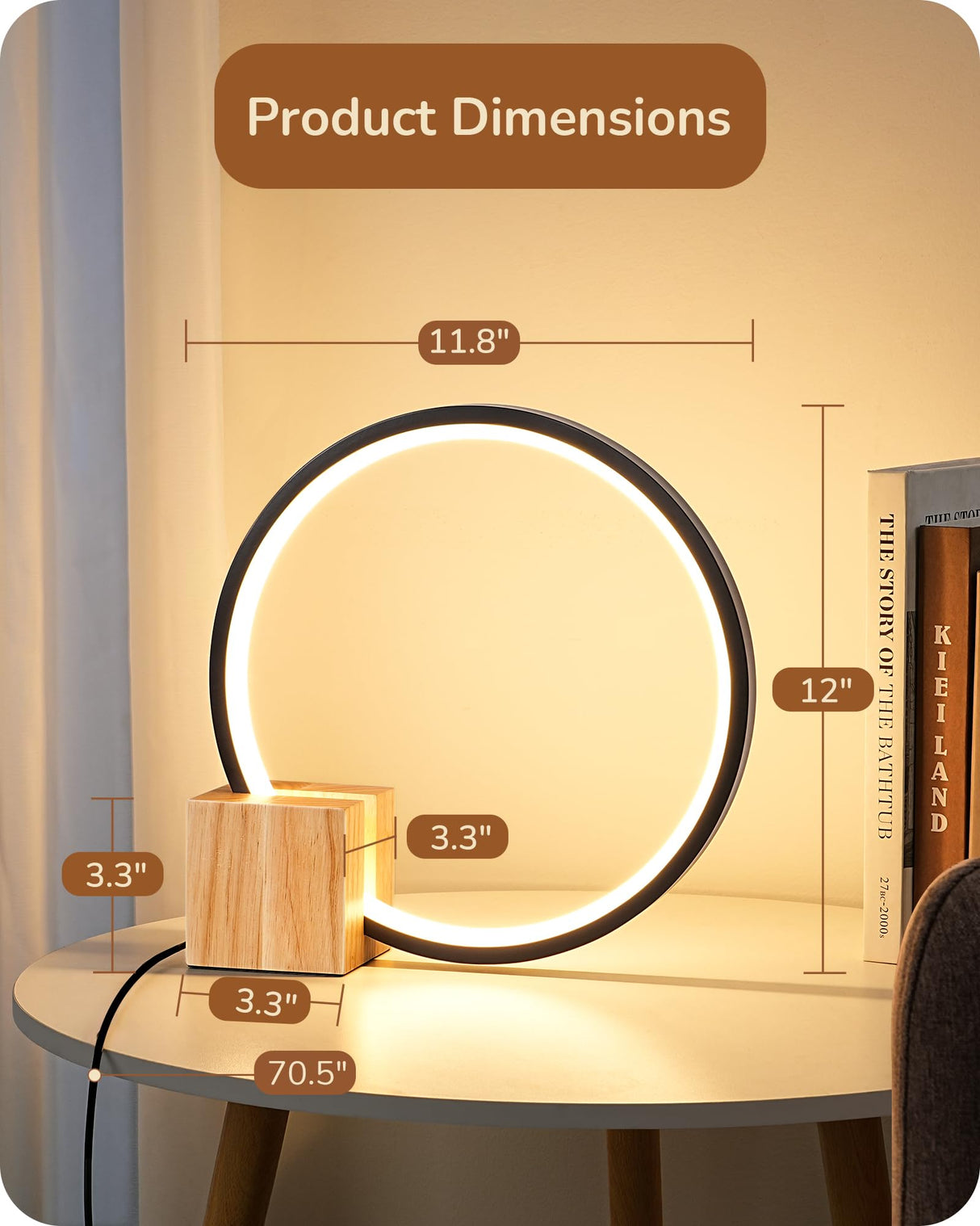EDISHINE Modern LED Table Lamp, Bedside Lamp with One-Piece Solid Wood Base, 3 Color Temperature & Stepless Dimmable, Nightstand Lamp for Bedroom, Living Room, Reading Room EDISHINE