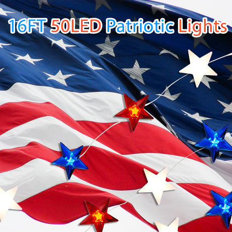 4th of July Decorations Red White and Blue String Lights Battery Operated 16FT 50 LED Patriotic Fairy Lights with Timer & Remote for Independence Day Memorial Day Fourth of July Decor for Home Ineximun