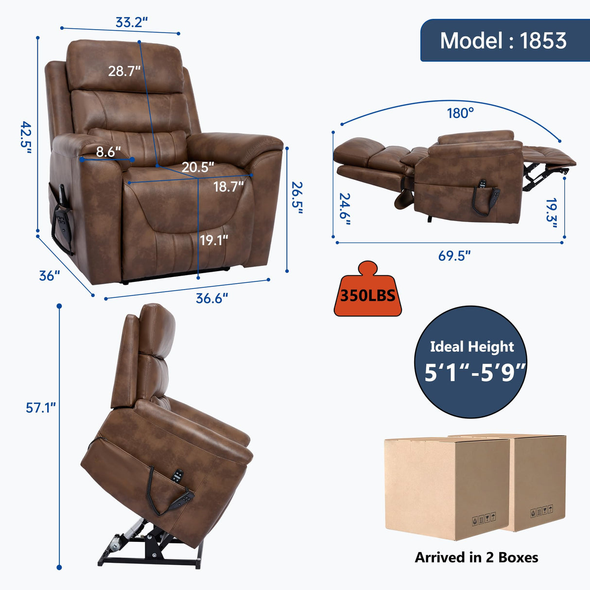 Power Lift Recliner Chair for Elderly People, Dual Motor Lay Flat Recliner with Vibration Massage and Heat, Heavy Duty Motion Mechanism Standing Assistance Reclining Chair, Faux Leather Brown Luxlen