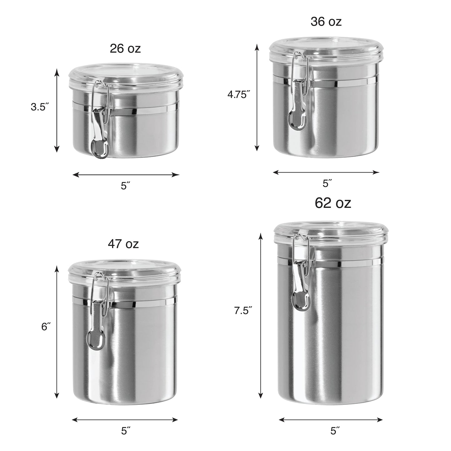 Oggi Set of 4 Stainless Steel Kitchen Canisters - Airtight Clamp Lid, Clear See-Thru Top - Ideal for Kitchen Storage, Food Storage, Pantry Storage - Includes 1 each: 26oz, 36oz, 47oz, 62oz.