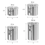 Oggi Set of 4 Stainless Steel Kitchen Canisters - Airtight Clamp Lid, Clear See-Thru Top - Ideal for Kitchen Storage, Food Storage, Pantry Storage - Includes 1 each: 26oz, 36oz, 47oz, 62oz. Oggi