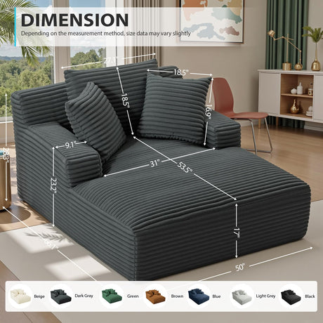 50 Inch Chaise Lounge Chair Indoor, Oversized Corduroy Upholstered Boneless Sofa Bed, Deep Seat Sleeper Couch Reading Chairs, Cloud Sofas Couches for Living Room, No Assembly Required (Dark Grey) ivoros