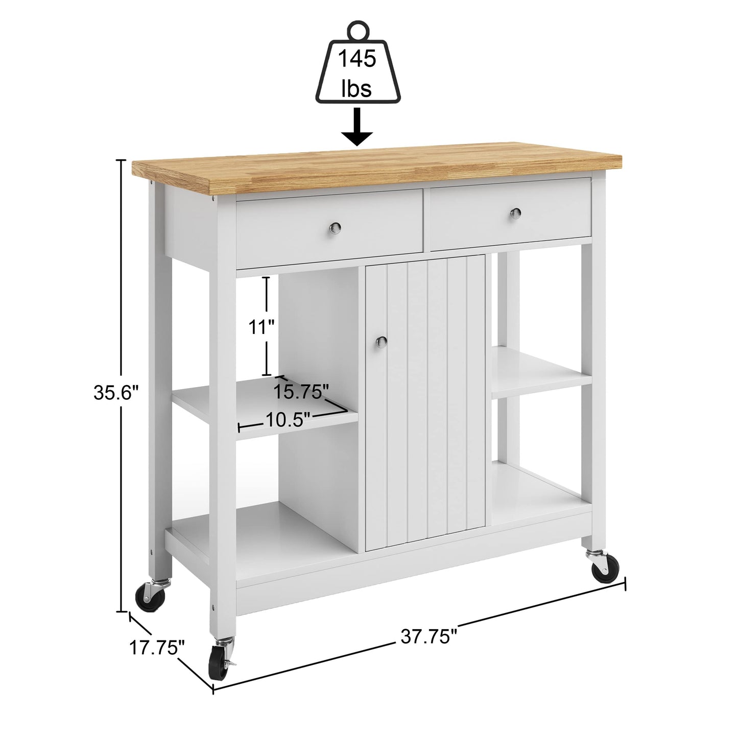 Lavish Home Kitchen Island with Drawers - Rolling Cart with Locking Casters - Use as Coffee Bar, Microwave Stand, or Shelves for Storage (White)