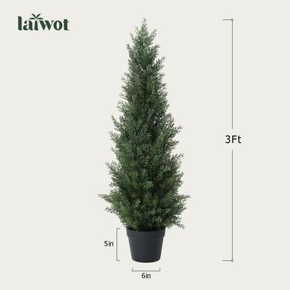 Laiwot 3FT Artificial Cedar Topiary Trees for Outdoors Potted Fake Cypress Trees Faux Evergreen Plants for Home Porch Decor Set of 2