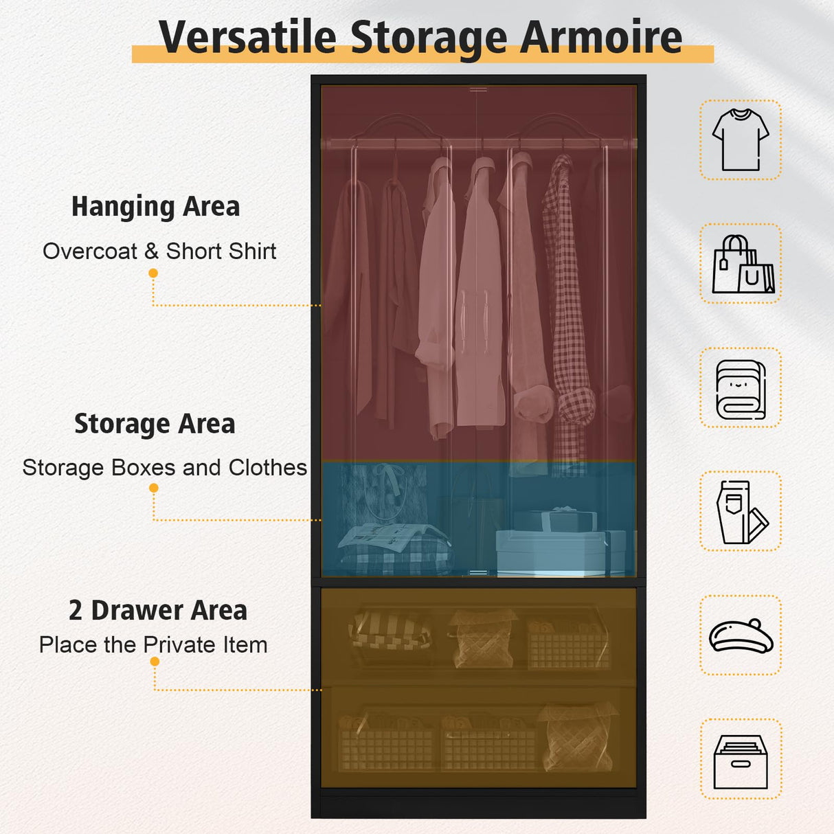 Swpormundo Wardrobe Closet with Drawers and Hanging Rod, 70" Wooden Wardrobe Closet with 2 Doors and 2 Drawer, Armoire Clothing Storage Cabinets with Smooth Slide for Bedroom, Dorm, Cloak Room (Black) Swpormundo