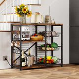 Homeiju Kitchen Island, Baker's Rack with Power Outlet, Microwave Stand, Coffee Bar with 3 Removable Wire Baskets, Kitchen Storage Rack with 6 S-Hooks for Spices, Pots and Pans - Rustic Brown Homeiju