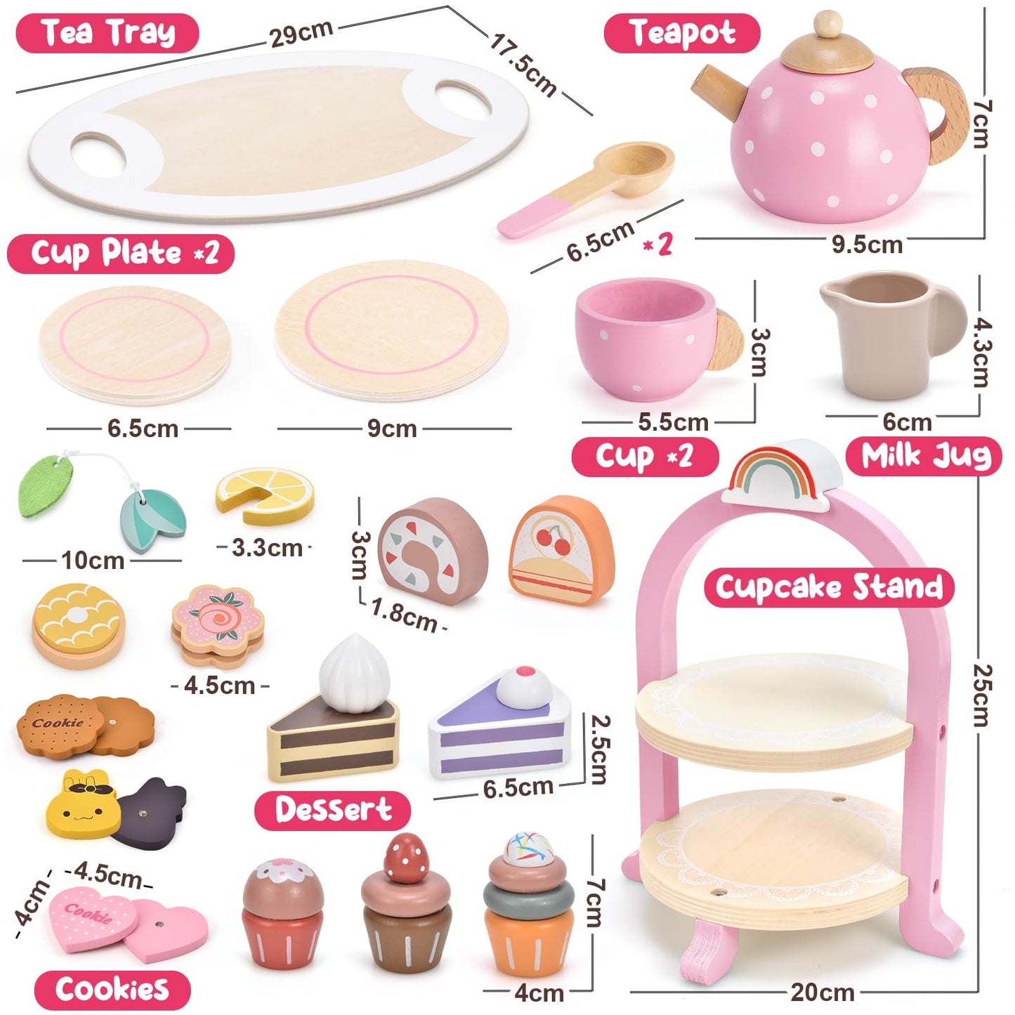 Atoylink Wooden Tea Party Set for Little Girls Toys Kids Play Kitchen Toddler Tea Set with Play Food & Cupcake Stand Pretend Play Wooden Toys for 2 3 4 5 6 Year Old Girl Christmas Birthday Gi - WoodArtSupply