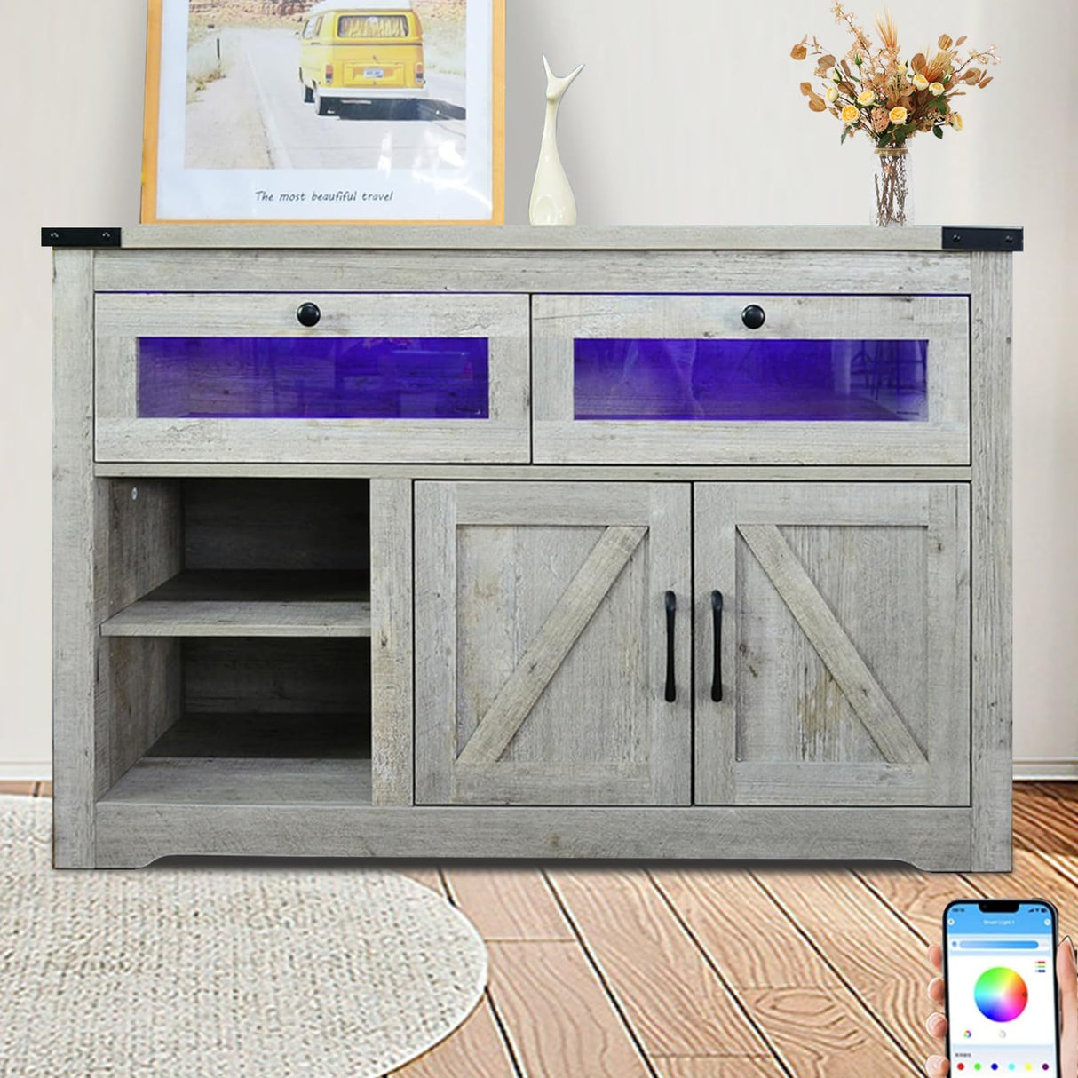 EXQUAL Sideboard Buffet Cabinet with Storage, 47" Kitchen Storage Cabinet with LED Lights, Farmhouse Coffee Bar with 2 Barn Doors for Kitchen Dining Room, Hallway, Living Room EXQUAL