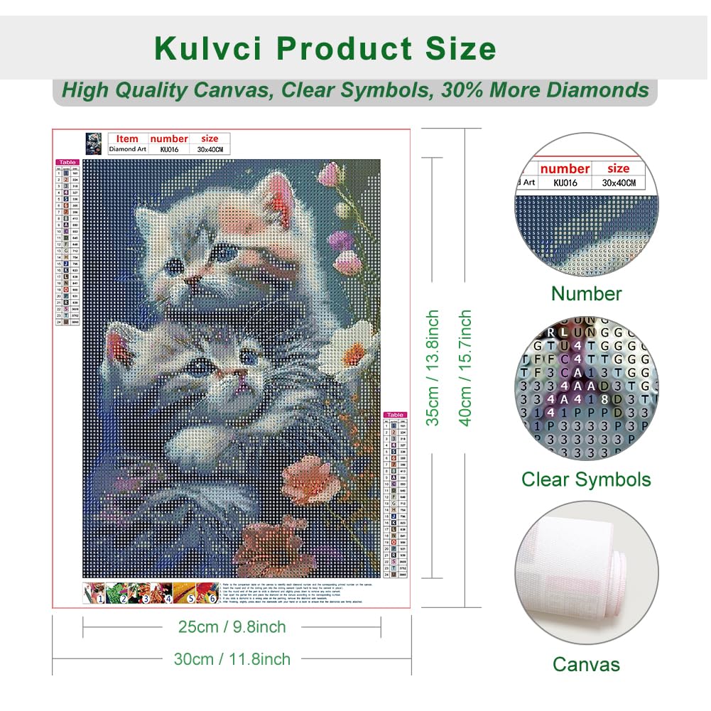 Kulvci Diamond Painting Kits for Adults, Cat Diamond Art Kits for Beginners, 5D DIY Full Drill Gem Craft for Home Decor Gift 12x16inch Kulvci