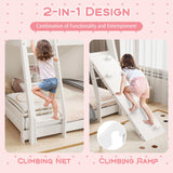 Costzon House-Shaped Twin Over Queen Bunk Bed with Climbing Nets and Ramp - White Wooden Kids Bed Costzon
