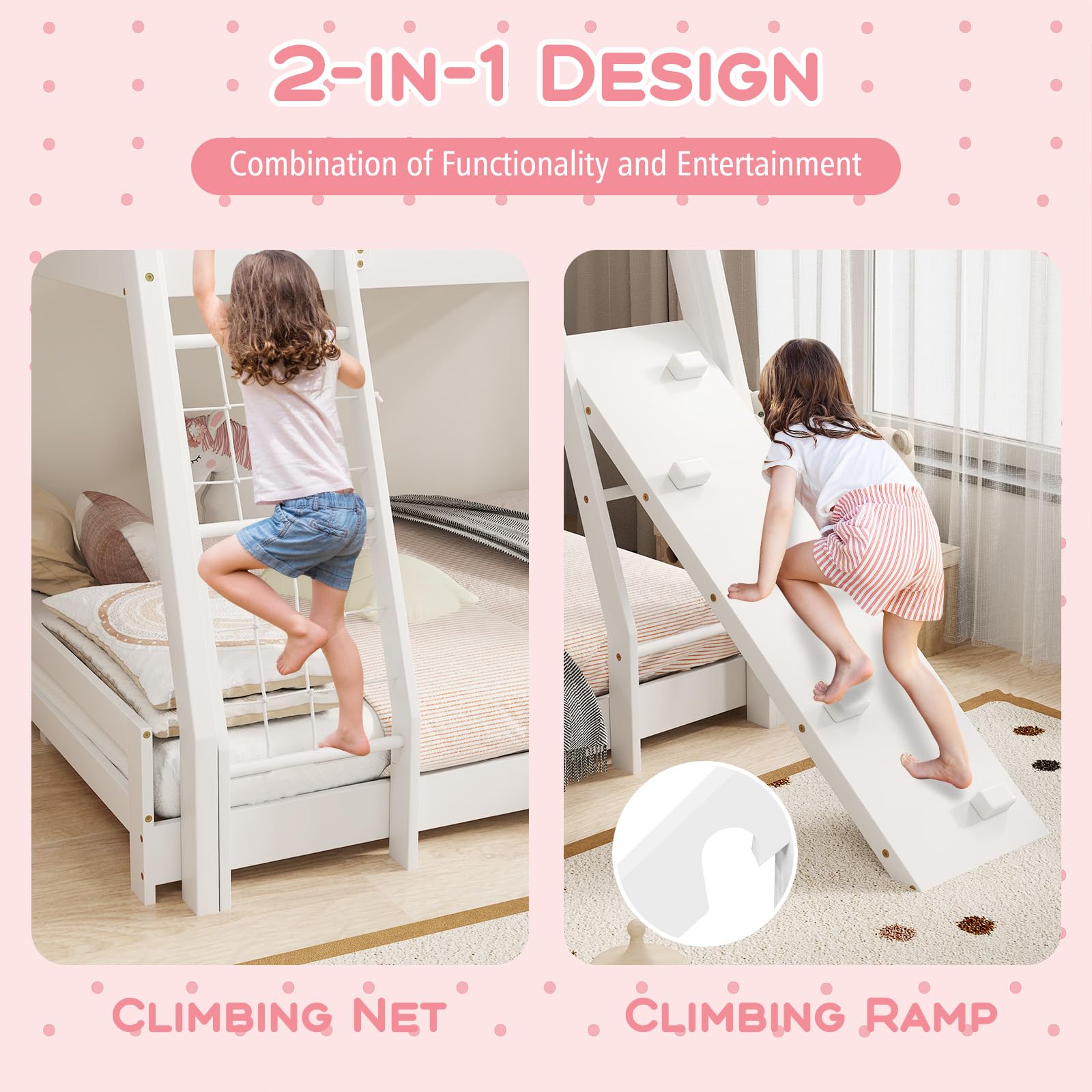 Costzon House-Shaped Twin Over Queen Bunk Bed with Climbing Nets and Ramp - White Wooden Kids Bed - WoodArtSupply