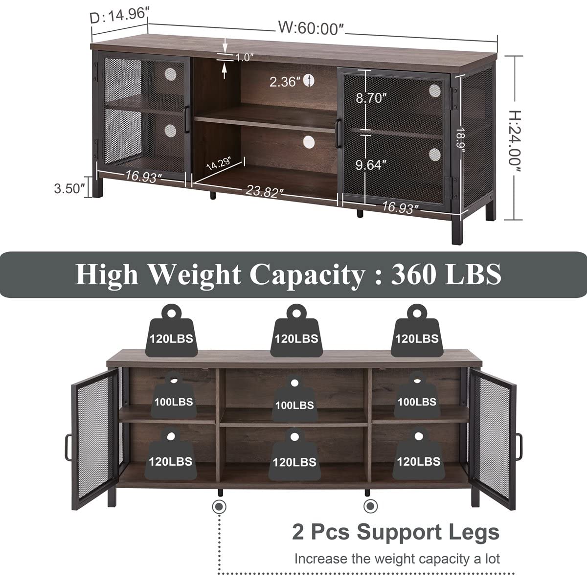 FATORRI Industrial Entertainment Center for TVs up to 65 Inch, Rustic Wood TV Stand, Large TV Console and TV Cabinet for Living Room (60 Inch Wide, Walnut Brown) FATORRI