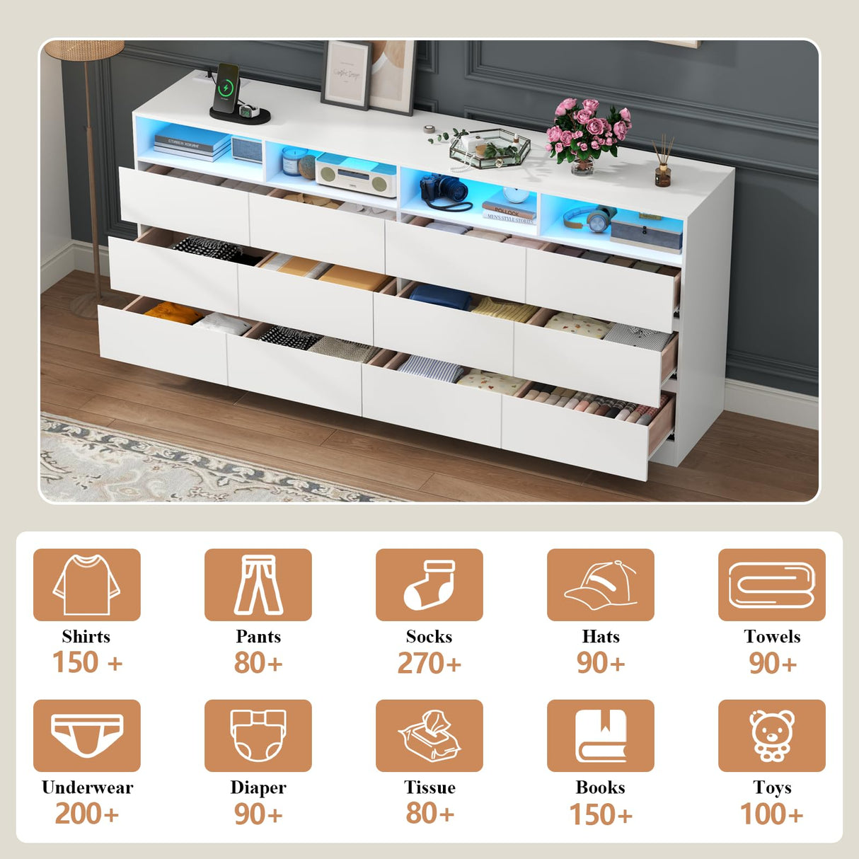 Loomie 12 Drawer White Dresser with Charging Station & Led Lights for Bedroom, Long 63" Quadruple Wide Dresser TV Stand for TVs up to 75", Large Dressers Organizer with 4 Open Cubbies for Living Room Loomie