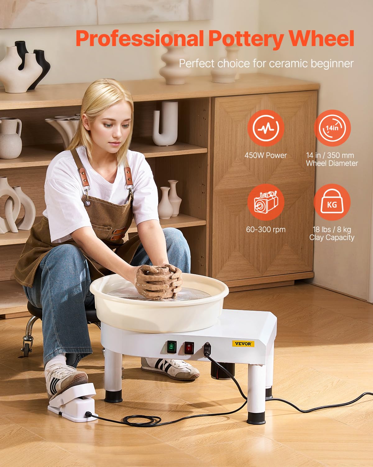 VEVOR 14in/35cm Pottery Wheel for Adults, 0-6in Lift-Table 450W Professional Pottery Kit with Foot Pedal Detachable Basin DIY Art Clay Potter's Wheel for Kids Adults Beginners at Home Pottery, White VEVOR