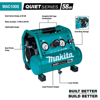 Makita MAC100QK1 Quiet Series 1/2 HP, 1 Gallon Compact, Oil-Free, Electric Air Compressor, and 18 Gauge Brad Nailer Combo Kit - WoodArtSupply