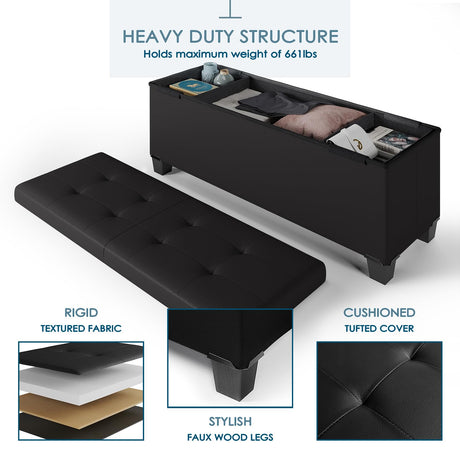 Storage Ottoman Bench with Storage Bins, 43-In Storage Bench for Bedroom End of Bed, Ottoman Foot Rest, Black Ottoman with Storage for Living Room, Bench with Storage Max 660lbs, Faux Leather Ottoman STORAGEBUD