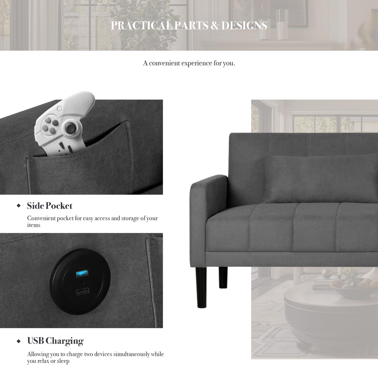 CHYMSUN 82" Convertible Futon Sofa Bed, Comfy Fabric Folding Sleeper Couch Bed w/USB & Adjustable Backrest, 3 in 1 Modern Foldable Recliner Loveseat Futons for Living Room, Apartment, Office (Grey) CHYMSUN