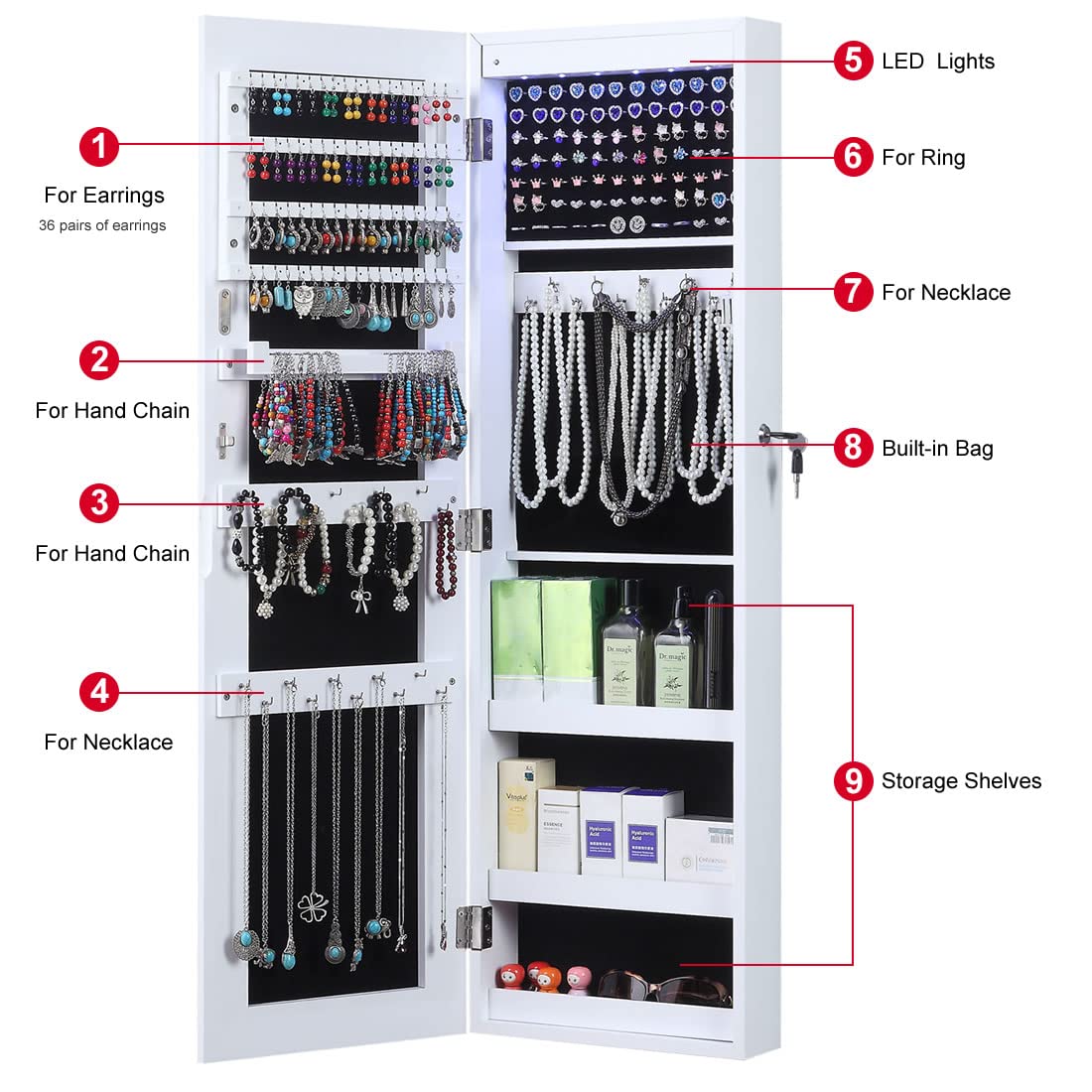 GISSAR Full Length Mirror Jewelry Cabinet, 6 LEDs Jewelry Armoire Wall Mounted Over The Door Hanging, Jewelry Organizer Display Storage Furniture with Lights Locker Mirrored Cabinet, White GISSAR