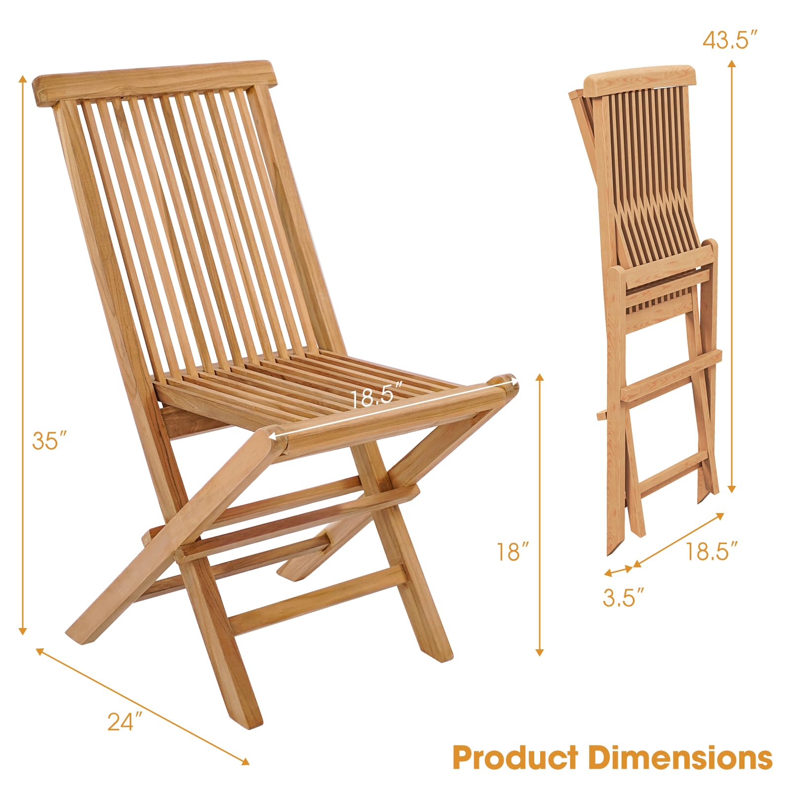 Tangkula 2 Piece Wood Patio Folding Chair, Sturdy Teak High-Back Chair with Slatted Design, Portable & Lightweight Outdoor Dining Chair, Natural Appearance, Perfect for Backyard, Camping - WoodArtSupply