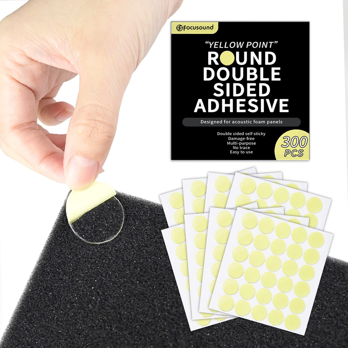 Focusound 300 Pack Yellow Point Double-Sided Adhesive Dots for Acoustic Soundproofing Foam Panels Focusound