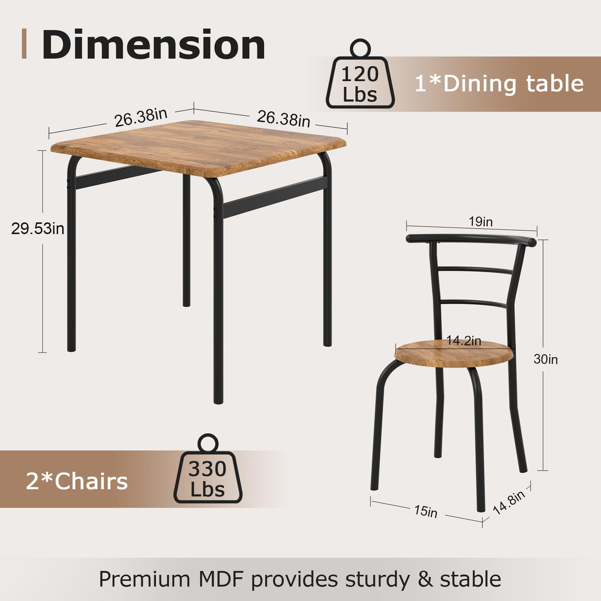 VECELO 3 Piece Dining Table & Chairs Set for 2, Metal and Wooden Square Kitchen Dinette Set for Small Space, Breakfast Nook, Saving Space, Brown VECELO