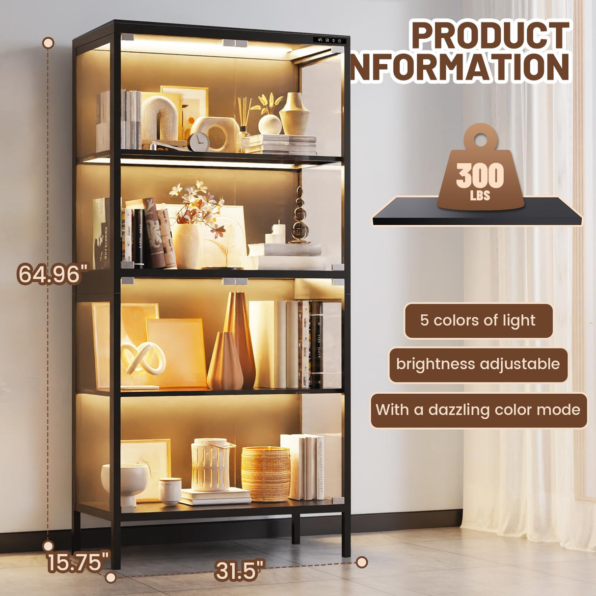 XCXVVB Display Cabinet,Display Case with Glass Doors,4-Tier Curio Cabinet with 5 Color LED Hights,Heavy Duty Free-Standing Bookcase for Exhibition Hall,Living Room XCXVVB