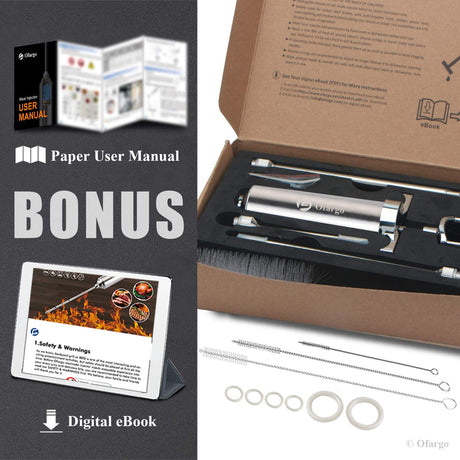Ofargo 304-Stainless Steel Meat Injector Syringe Kit with 4 Marinade Needles for BBQ Grill Smoker, 2-oz Large Capacity, Both Paper User Manual and E-Book Recipe OFG