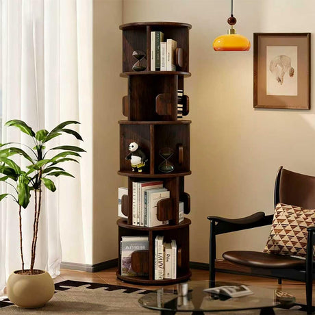 Solid Wood Rotating Bookshelf on Wheels, 5 Tier, Round Revolving Bookcase, 360° Spinning Book Shelf Tower for Kids,Narrow Storage Organizer for Bedroom, Living Room, WoodArtSupply