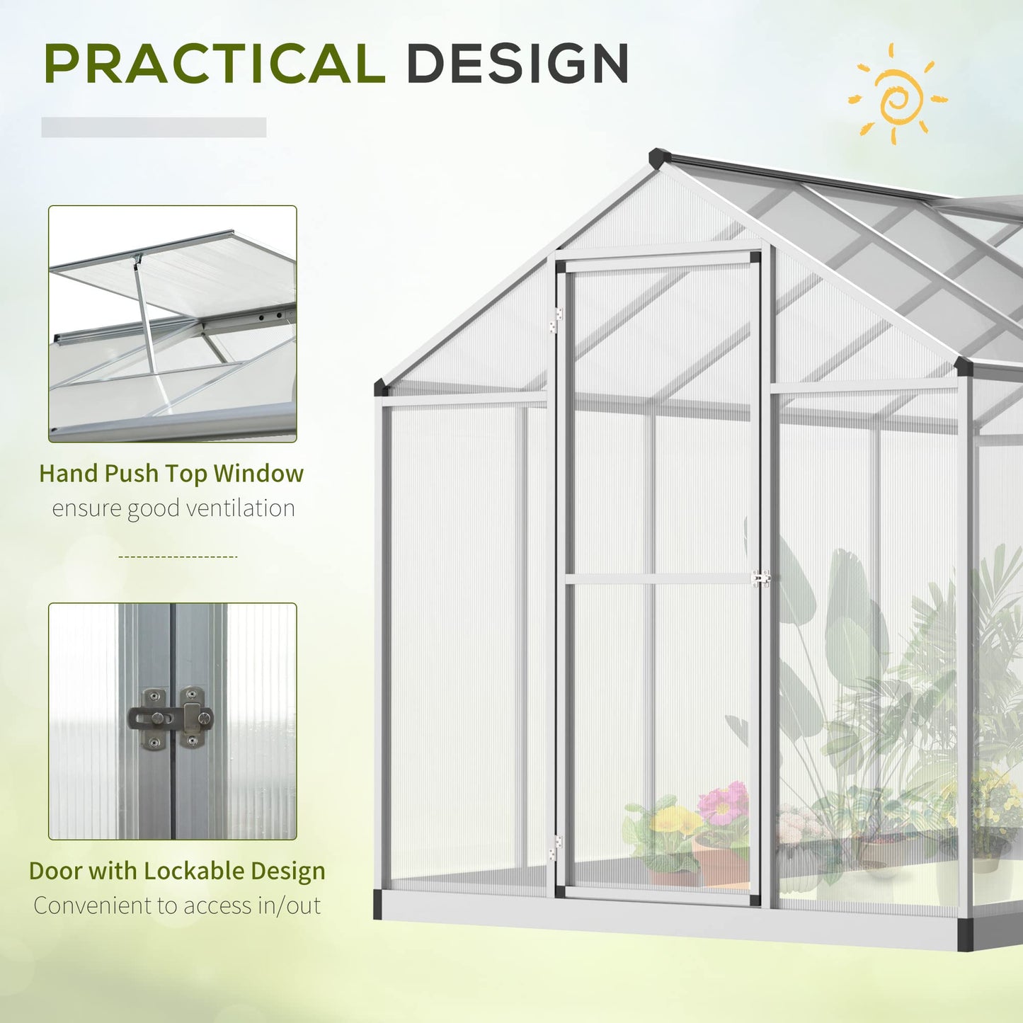 Outsunny 10' x 6' Walk-in Polycarbonate Greenhouse with Roof Vent for Ventilation & Rain Gutter, Heavy Duty Aluminum Green House, Hobby Greenhouse for Winter