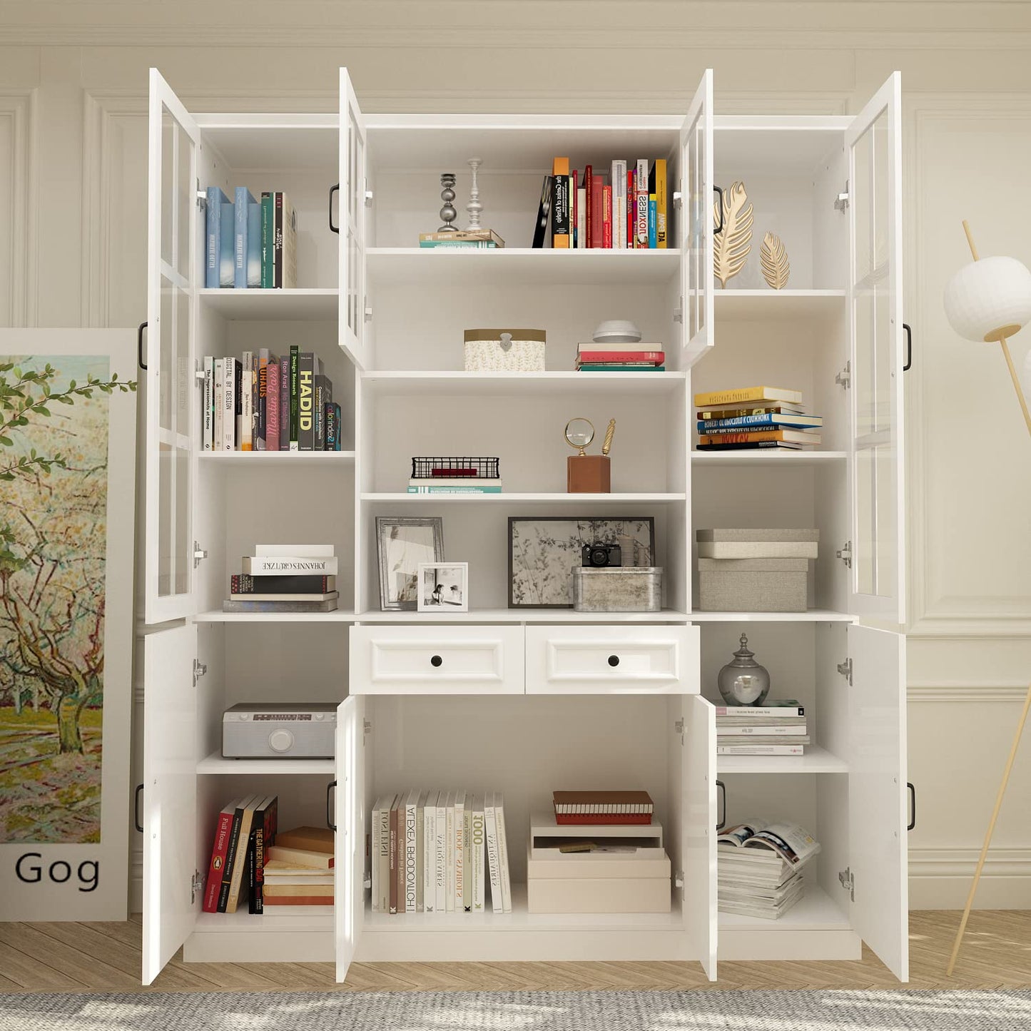 Homsee Elegant Tall Bookcase with Glass Doors, 15 Compartments & Storage Drawers in White - WoodArtSupply