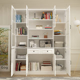 Homsee Elegant Tall Bookcase with Glass Doors, 15 Compartments & Storage Drawers in White Homsee