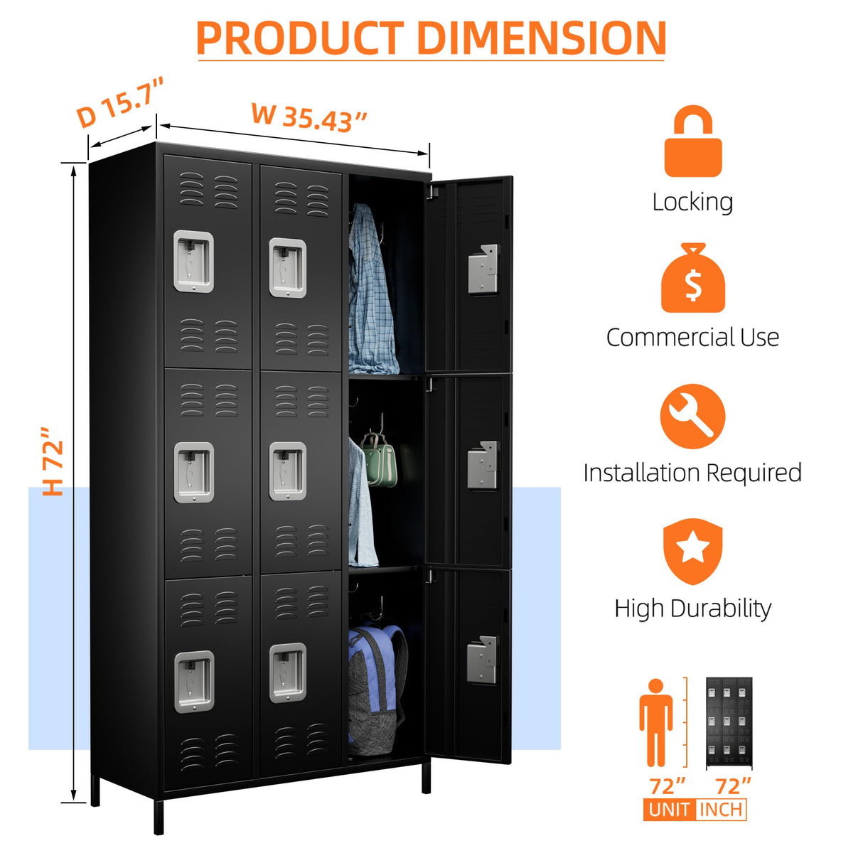 Aobabo 9 Doors Metal Storage Locker Cabinet for Employees, Storage Locker for School Office Gym Bedroom, Industrial Steel Storage Locker with 18 Hooks, Black, Assembly Required Aobabo