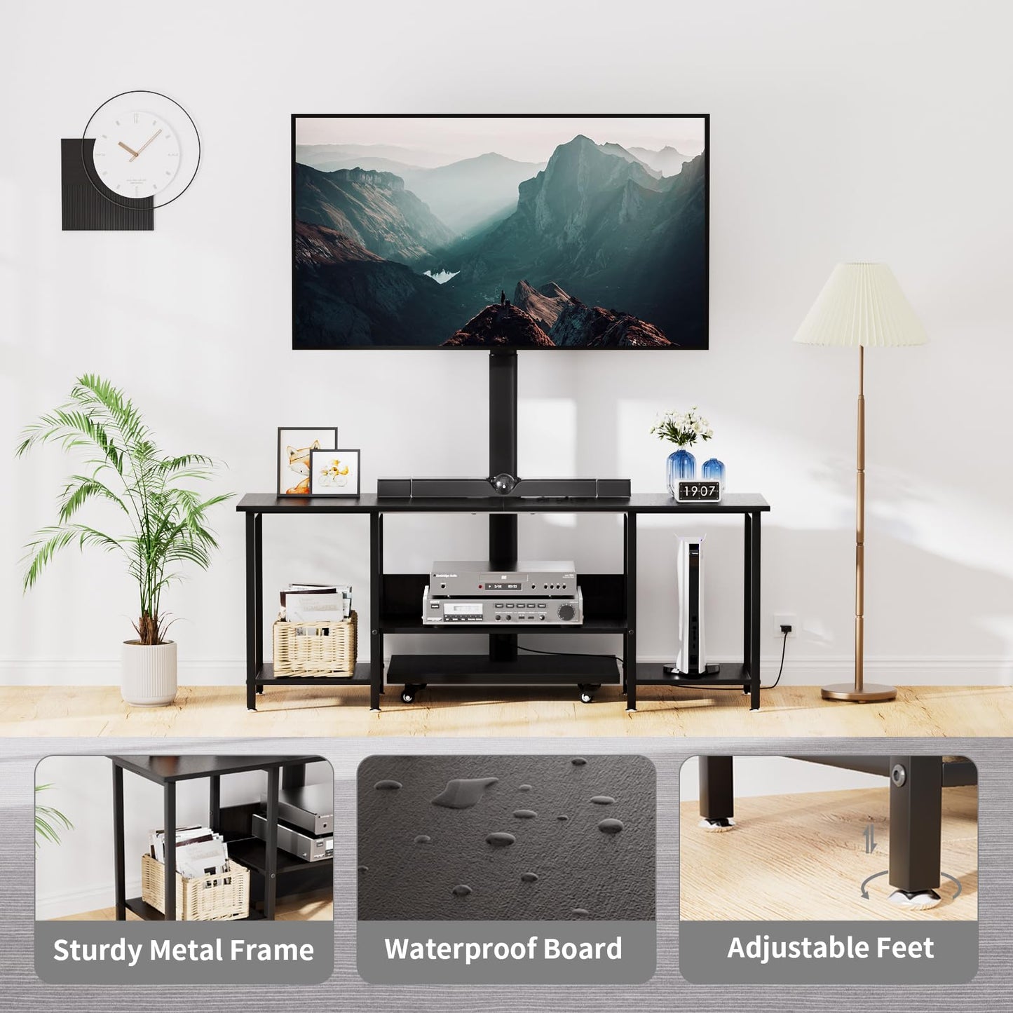 TV Stand with Mount for 32-65 Inch TVs, Swivel Rolling TV Stand Mount with Wheels and Power Outlet, Entertainment Center with Storage, Media Console Cabinet for Living Room Bedroom, Black