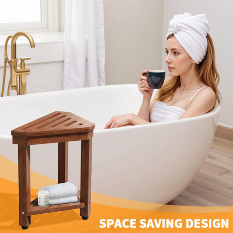 Shower Foot Rest 15 in, Acacia Shower Stool for Shaving Legs,Corner Bath Shower Bench with Starage Shelf for Inside Small Shower Spaces MISSEND