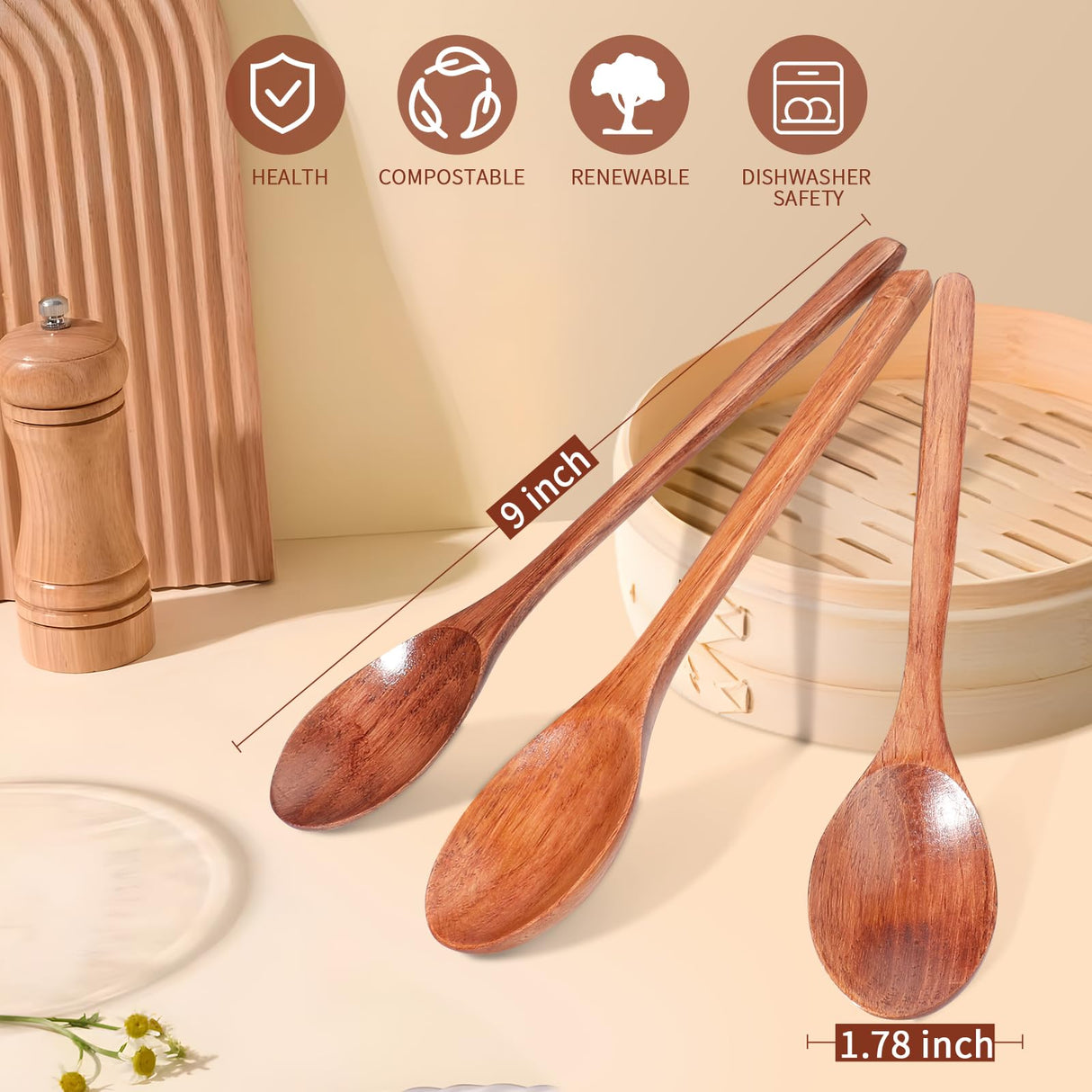 AERZIP 9 Inch Wooden Spoons for Eating Mixing Stirring Soda Jam Honey, Extra Long Handle Wood Soup Spoons for Serving Home Kitchen Cooking Table Spoon (2 PCS) aerzip