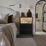 BOLUO Black Nightstand with Charging Station, LED Night Stand with 2 Fabric Drawers, Bedside Table with USB Ports and Outlets, Nightstand for Bedroom Modern BOLUO