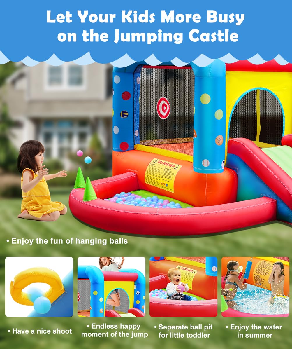 Step4Fun Inflatable Bounce House, Kids Castle Slide Bouncer for Children Jumping Outdoor and Indoor Party, Baby Backyard Water Jumper Toy with Blower, Ball Pit Pool, Ideal Gifts（112 x 98 x 65”） Step4Fun