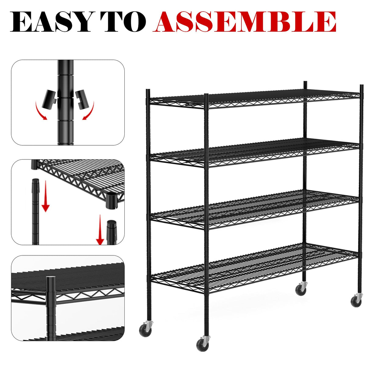 Vioranex Heavy Duty Storage Rack Metal Shelving Unit with Wheels, 4-Tier Adjustable Wire Rack Metal Shelves for Garage, Pantry, Kitchen, 59" W x 19.5" D x 62.3" H Vioranex